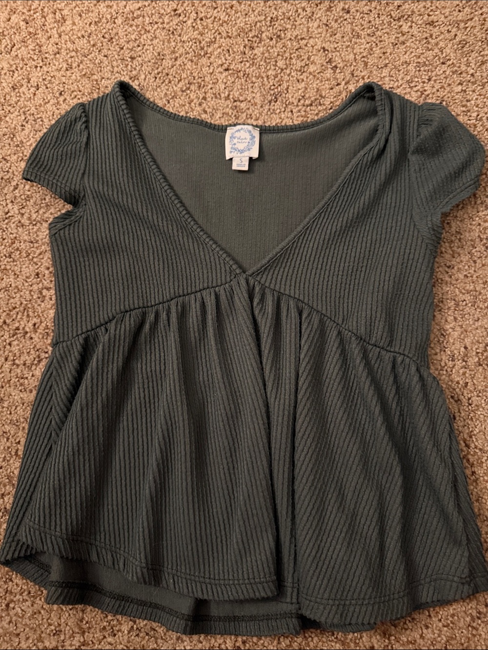 Blue Rain Ribbed V-Neck Peplum Top - Olive Green